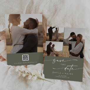 Save The Date Boho Chic Olive Vert Multi Photo QR Code