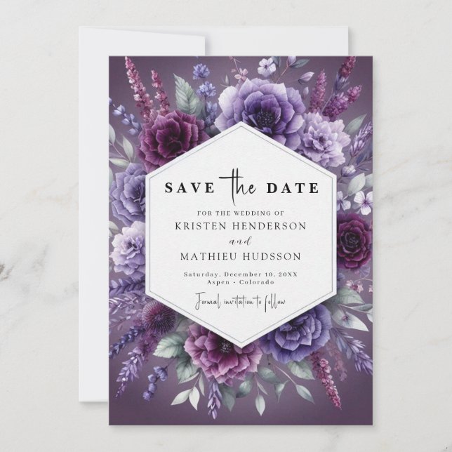 Save The Date Boho Chic Purple Mariage Floral (Devant)