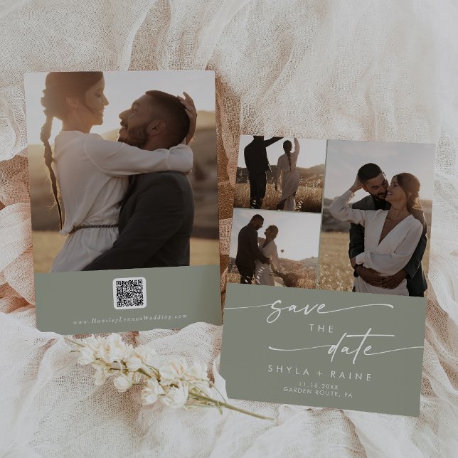Save The Date Boho Chic Sage Vert Multiphoto QR Code (Créateur téléchargé)