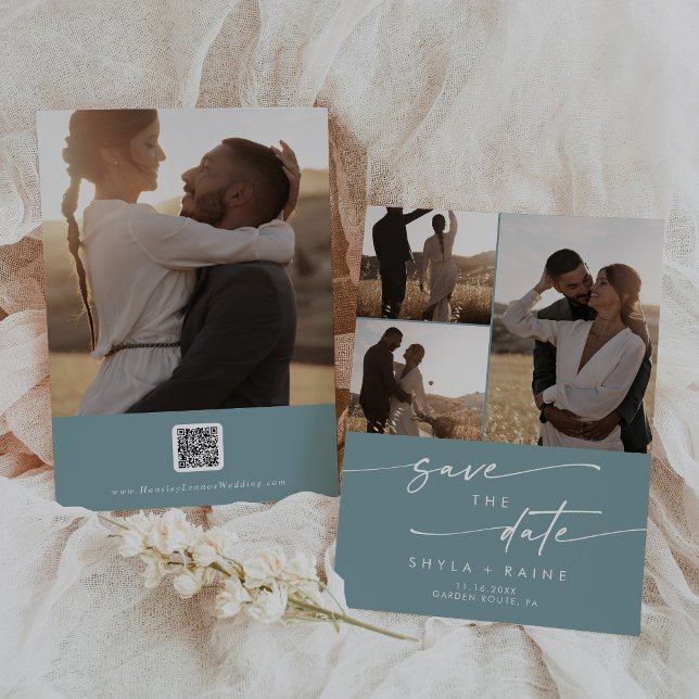Save The Date Boho Chic Seafoam Turquoise multi photo QR Code (Créateur téléchargé)