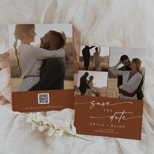 Save The Date Boho Chic Terracotta Multi Photo QR Code (Créateur téléchargé)