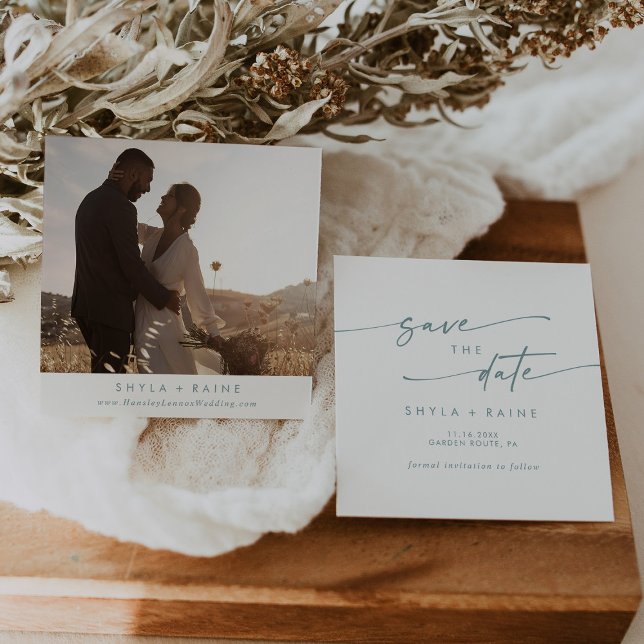 Save The Date Boho Chic Turquoise et blanc Carré Photo Retour (Créateur téléchargé)