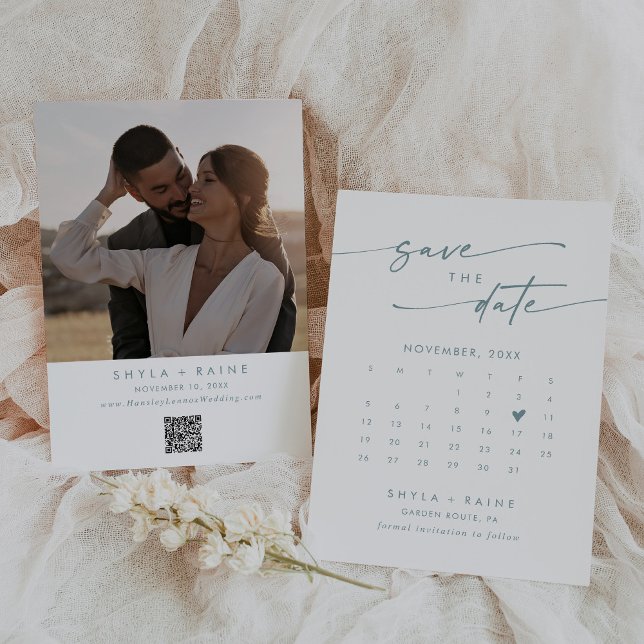 Save The Date Boho Chic Turquoise et blanc Code QR Calendrier ph (Créateur téléchargé)