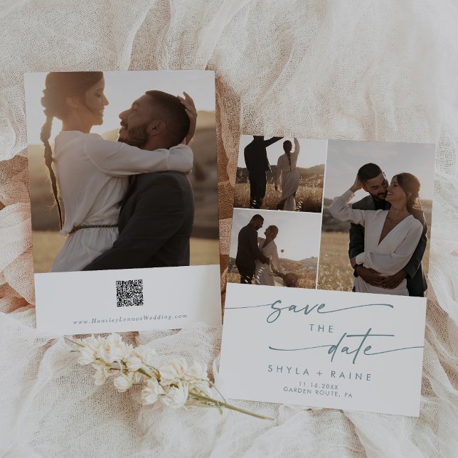 Save The Date Boho Chic Turquoise et blanc multi photo QR Code (Créateur téléchargé)