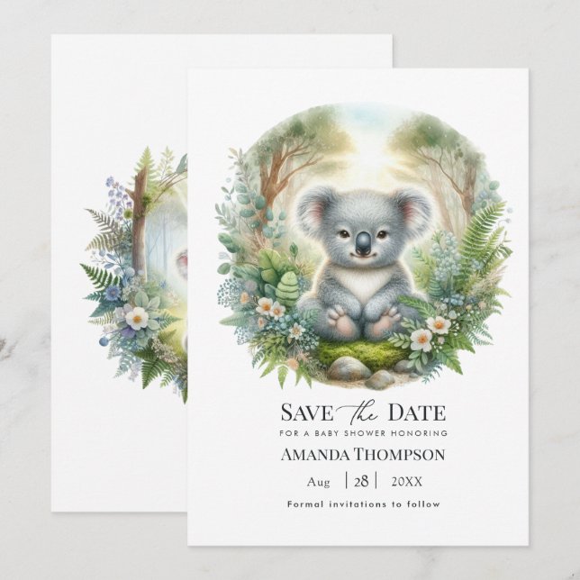 Save The Date Boho Chic Woodland Koala Baby-Shower (Devant / Derrière)