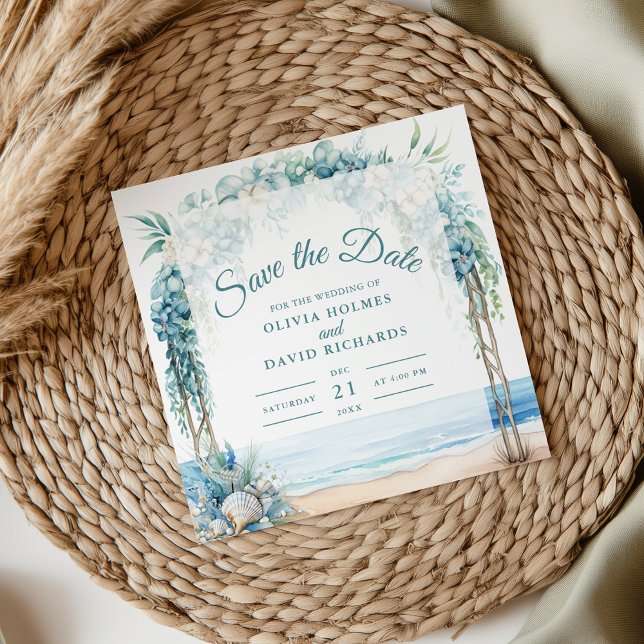 Save The Date Boho Coastal Floral Arch Wedding Enregistrer la da (Boho Coastal Floral Arch Wedding Save the Date on a boho wedding table.)