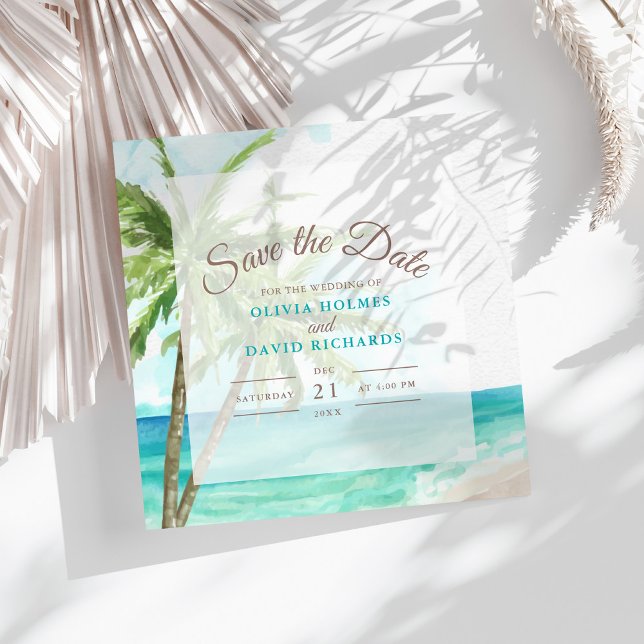 Save The Date Boho Coastal Seaside Beach Wedding Enregistrer la  (Boho Coastal Seaside Beach Wedding Save the Date on a sunny table with dry palm leaf.)