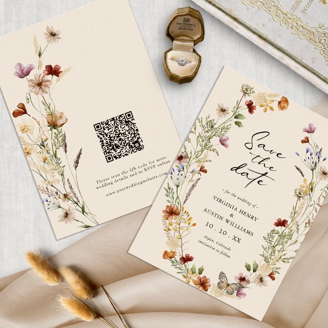 Save The Date Boho Code QR Date de sauvegarde (Tan Wildflower Boho Floral QR Code Save The Date by Painted Paperie
)