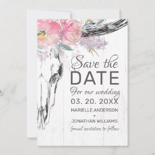 Save The Date Boho crâne de vache rustique Floral Aquarelle rose