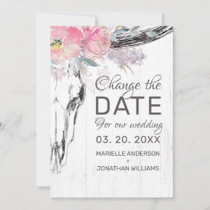 Save The Date Boho crâne de vache rustique Floral Aquarelle rose