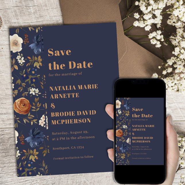 Save The Date Boho Dark Blue Floral Wedding Enregistrer la date (Créateur téléchargé)