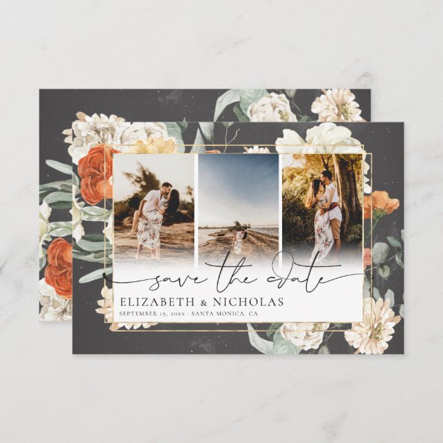 Save The Date Boho Dark Floral | 3 Mariage photo (Devant / Derrière)