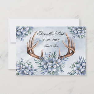 Save The Date Boho Deer Antler Dusty Blue Floral