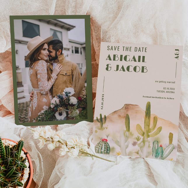 Save The Date Boho Desert Cactus Arizona Destination mariage (Boho Desert Cactus Arizona Destination wedding Save The Date on beige)