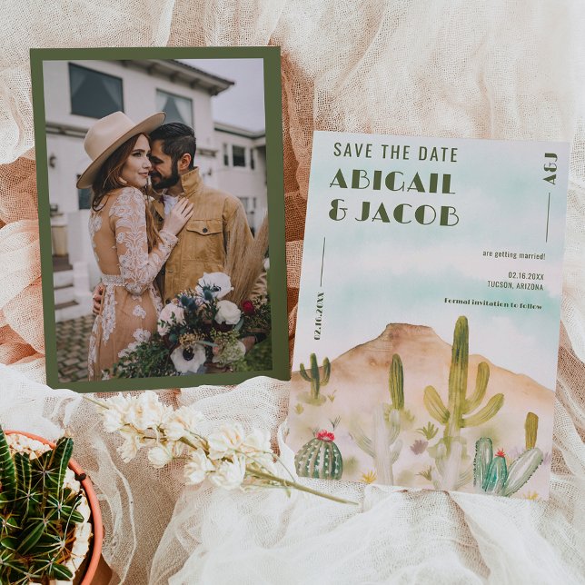 Save The Date Boho Desert Cactus Arizona Destination mariage (Boho Desert Cactus Arizona Destination wedding Save The Date on blue sky)