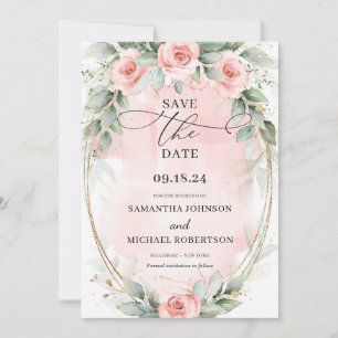 Save The Date Boho douce rose pastel fleurs verdure et or