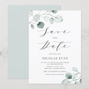 Save The Date Boho Dusty Blue Eucalyptus Feuilles Bar Mitzvah