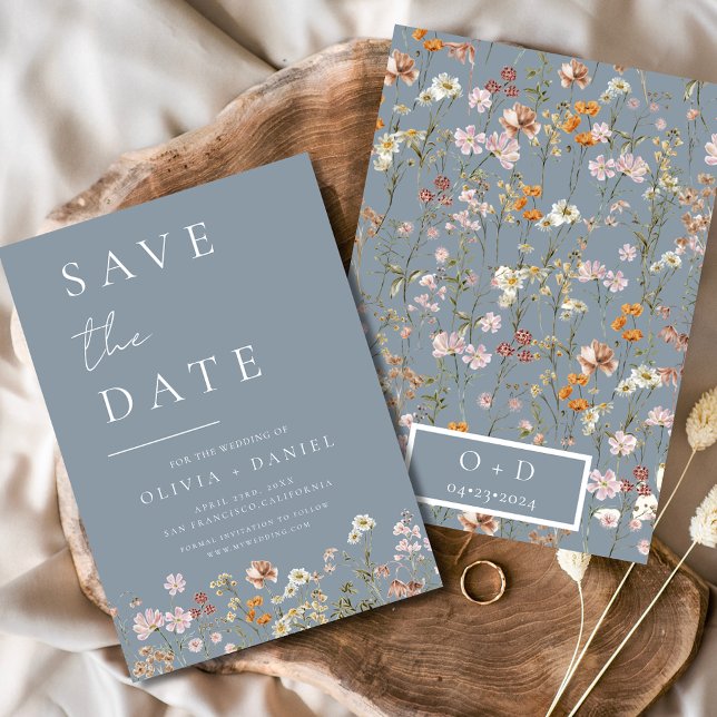 Save The Date Boho Dusty Blue Fleurs sauvages Enregistrer la dat (Créateur téléchargé)