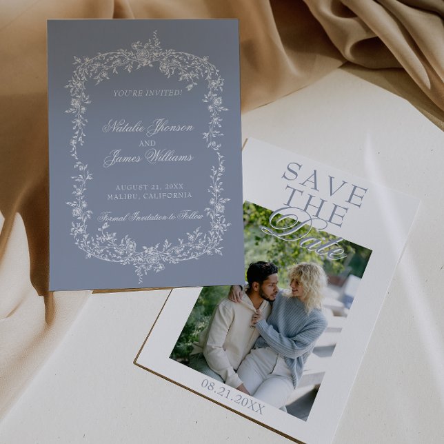 Save The Date Boho Dusty Blue Floral Botanical Photo Wedding (Créateur téléchargé)