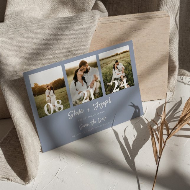 Save The Date Boho Dusty Blue Modern Trois Photos Mariage chic (Créateur téléchargé)