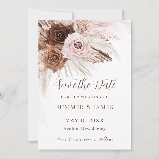 Save The Date Boho Dusty rose Brown Floral Pampas Mariage en her (Devant)