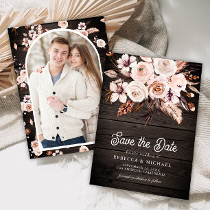 Save The Date Boho Earthy Floral Photo Mariage en bois