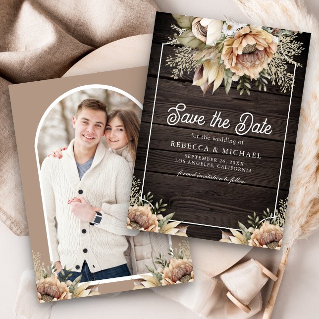 Save The Date Boho Earthy Floral Taupe Photo Mariage bois (Créateur téléchargé)