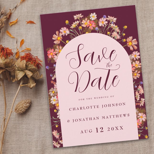 Save The Date Boho Fall Fleur sauvage Bourgogne Blush Pink Maria (Boho Wildflower elegant floral arch burgundy blush pink Wedding save the date invitation )