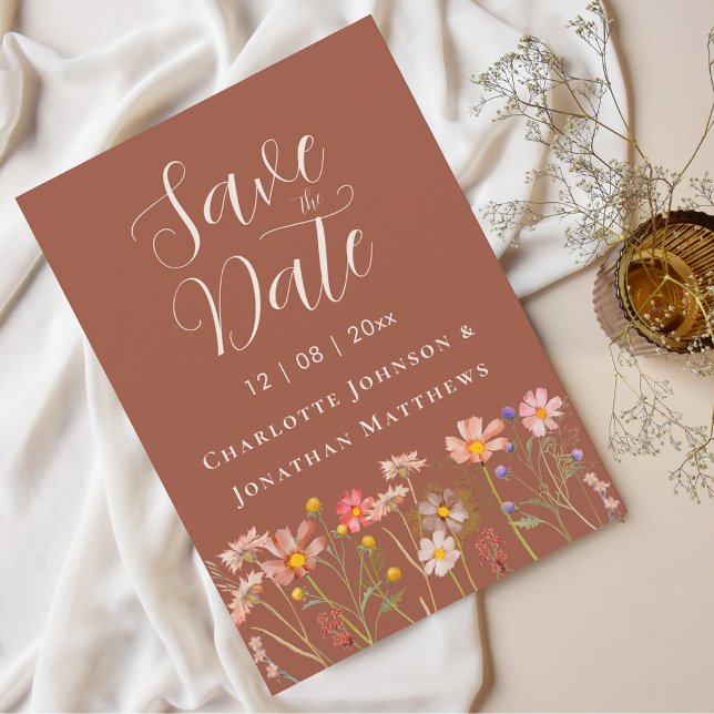 Save The Date Boho Fall Wildflower Floral Terracotta Wedding (Wildflower boho fall floral terracotta rust beige Wedding save the date invitation elegant script)