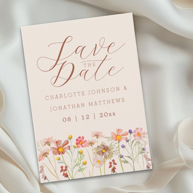 Save The Date Boho Fall Wildflower Meadow Wedding (Elegant boho watercolor wildflower meadow beige brown orange wedding save the date invitation)