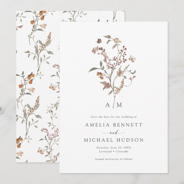 Save The Date Boho Fleur Sauvage Faire Part de Date de Mariage (Devant / Derrière)