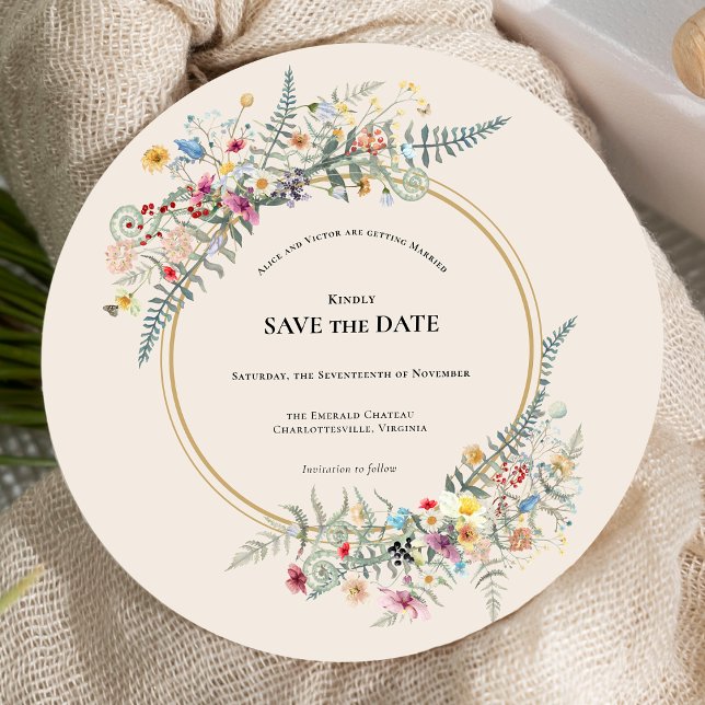 Save The Date Boho Fleur sauvage Fern Beige Mariage rond (Créateur téléchargé)