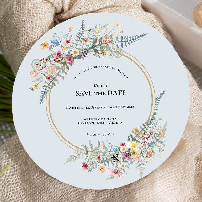 Save The Date Boho Fleur sauvage Fern Dusty Blue Mariage Round (Créateur téléchargé)