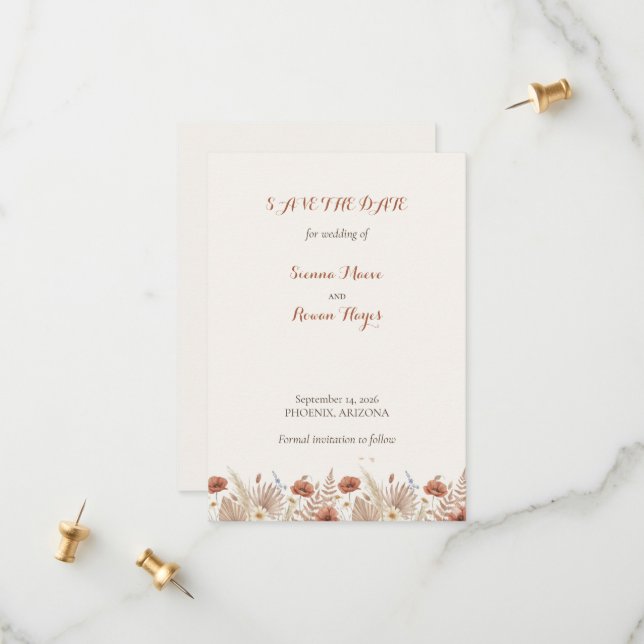 Save The Date Boho Fleurs en Terracotta & Herbe de Pampas (Devant/Arrière en situation)