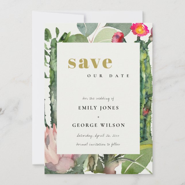 SAVE THE DATE BOHO FLEURS ROSES FEUILLAGE CACTUS DU DÉSERT ACRÉL (Devant)