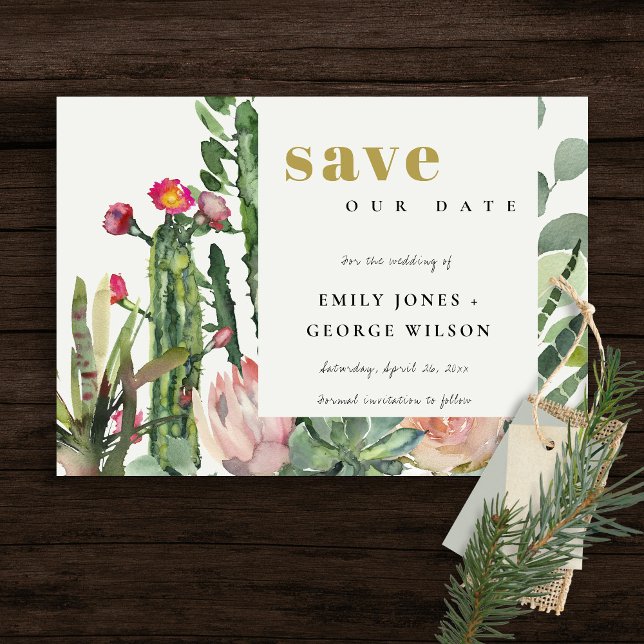 SAVE THE DATE BOHO FLEURS ROSES FEUILLAGE CACTUS DU DÉSERT ACRÉL (Créateur téléchargé)