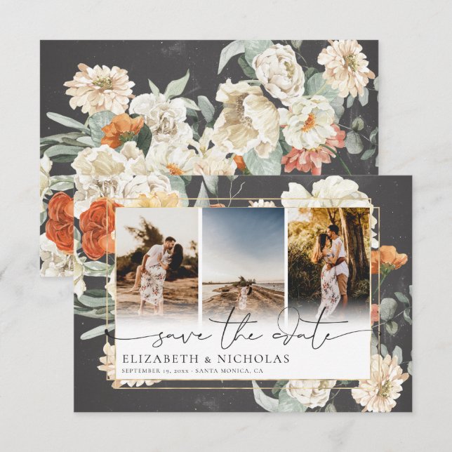 Save The Date Boho Fleurs Sombres | 3 Photos Mariage (Devant / Derrière)