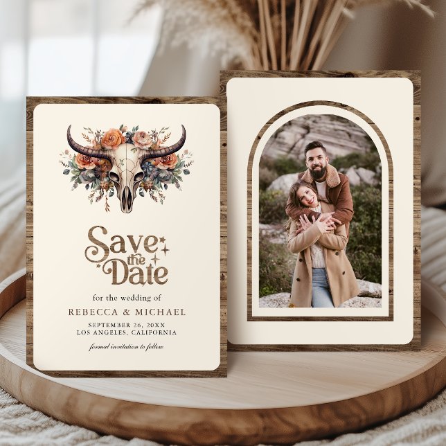 Save The Date Boho Floral Cow Skull Western Wedding Photo (Créateur téléchargé)