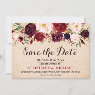 Save The Date Boho floral de Marsala rouge de Bourgogne Enregist