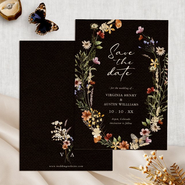 Save The Date Boho Floral Enregistrer La Date (Black Boho Watercolor Floral Save The Date Monogrammed by Painted Paperie
)