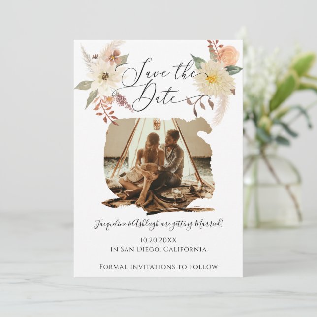Save The Date BOHO Floral Fall Folid Aquarelle Blanc Photo (Debout devant)