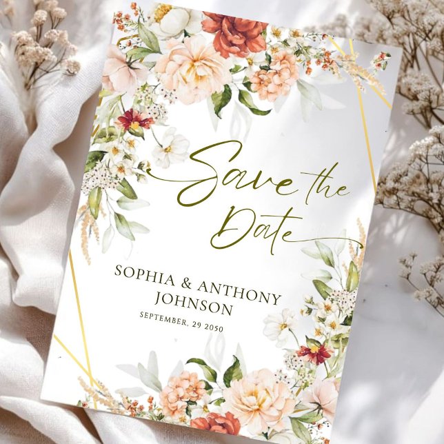 Save The Date Boho Floral Gold Mariage de feuillage géométrique (Créateur téléchargé)