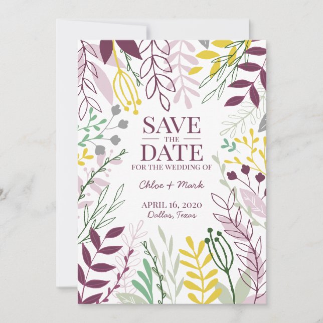 Save The Date Boho Floral Jardin été Automne Cassis MellowJaune (Devant)