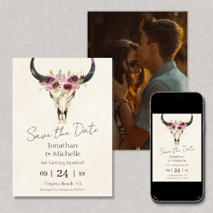 Save The Date Boho Floral Vache Crâne Bourgogne Mariage PHOTO