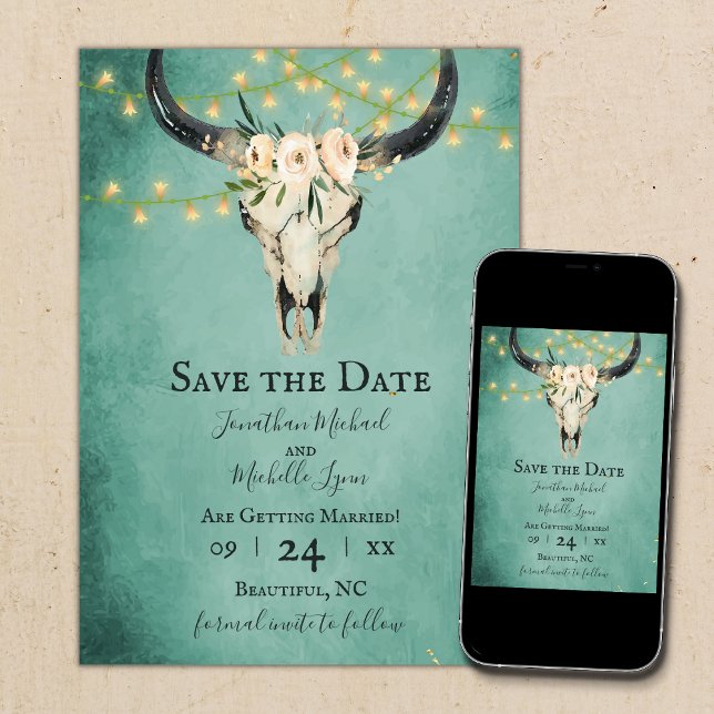 Save The Date Boho Floral Vache crâne et lumières Turquoise Mari (Créateur téléchargé)