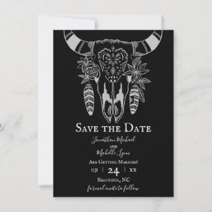 Save The Date Boho Floral Vache Crâne noir et blanc Mariage