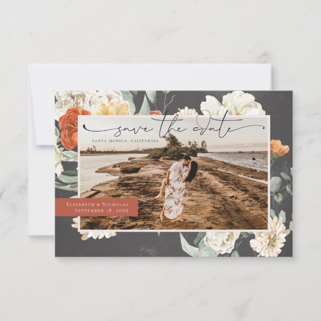 Save The Date Boho Flore foncé verdure | Mariage photo (Devant)