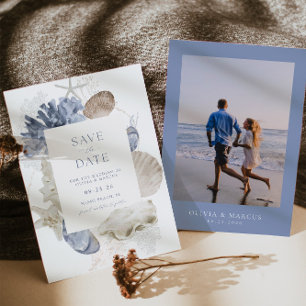Save The Date Boho Frame Beach Shell Dusty Blue Photo Mariage