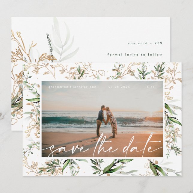 Save The Date Boho Golden Eucalyptus vert moderne (Devant / Derrière)