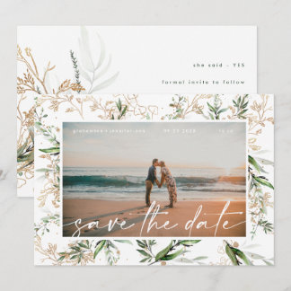 Save The Date Boho Golden Eucalyptus vert moderne